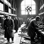 **Prompt:** A black and white photograph depicting forced laborers working in a German factory during World War II. The scene shows harsh conditions, long hours, and a sense of oppression, reflecting the exploitation and dehumanization of the workers under the Nazi regime. Include a subtle Nazi symbol in the background to signify the controlling power.