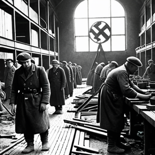 **Prompt:** A black and white photograph depicting forced laborers working in a German factory during World War II. The scene shows harsh conditions, long hours, and a sense of oppression, reflecting the exploitation and dehumanization of the workers under the Nazi regime. Include a subtle Nazi symbol in the background to signify the controlling power.