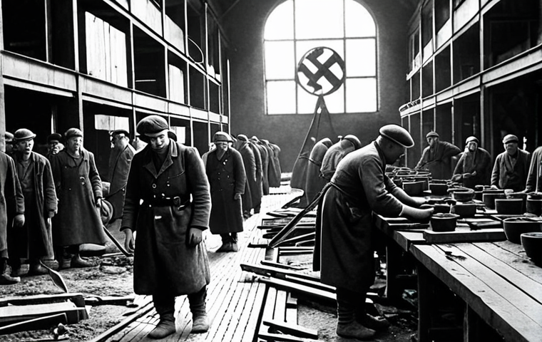**Prompt:** A black and white photograph depicting forced laborers working in a German factory during World War II. The scene shows harsh conditions, long hours, and a sense of oppression, reflecting the exploitation and dehumanization of the workers under the Nazi regime. Include a subtle Nazi symbol in the background to signify the controlling power.