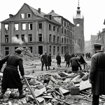 **

A black and white photo depicting a bombed-out cityscape in Germany after World War II. In the foreground, people are clearing rubble, with a sense of both despair and determination etched on their faces. The sky is overcast, reflecting the somber mood of the era.

**