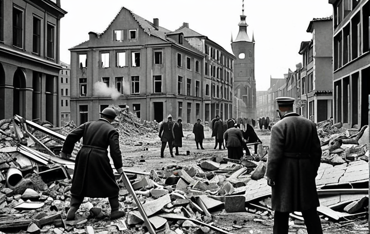 **

A black and white photo depicting a bombed-out cityscape in Germany after World War II. In the foreground, people are clearing rubble, with a sense of both despair and determination etched on their faces. The sky is overcast, reflecting the somber mood of the era.

**