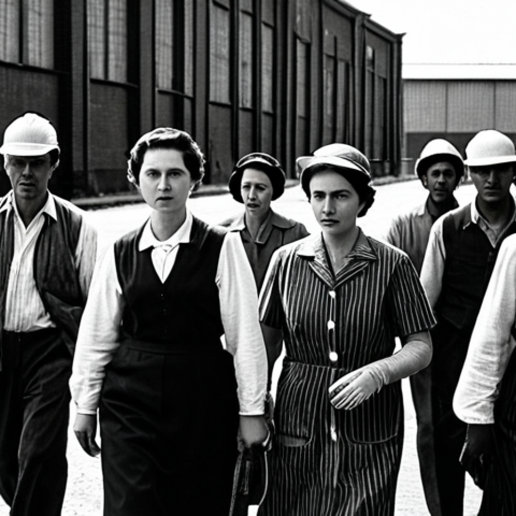 **

"A black and white photograph, reminiscent of the 1940s, depicting a group of fully clothed men and women in modest work attire leaving a factory at the end of their shift, appropriate content, safe for work, natural proportions, well-formed hands, serious expressions, factory background, industrial setting, tired but resolute, documentary style, high quality"

**