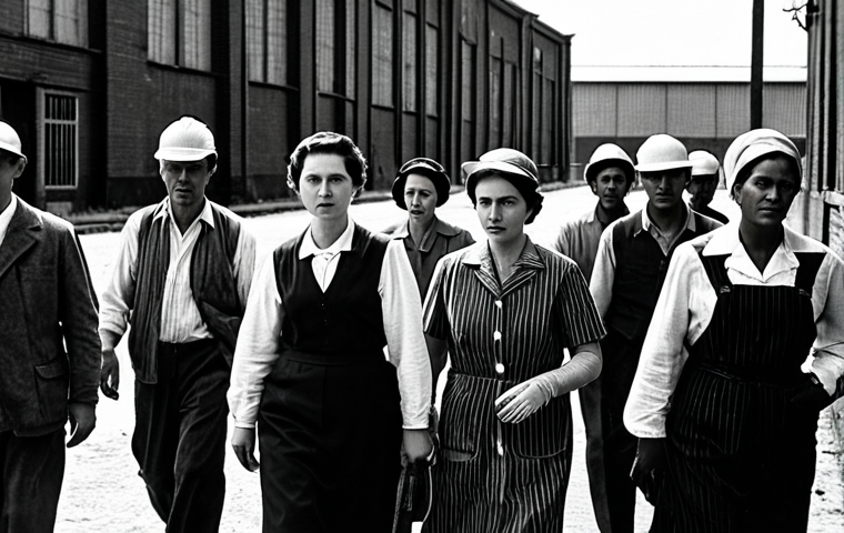 **

"A black and white photograph, reminiscent of the 1940s, depicting a group of fully clothed men and women in modest work attire leaving a factory at the end of their shift, appropriate content, safe for work, natural proportions, well-formed hands, serious expressions, factory background, industrial setting, tired but resolute, documentary style, high quality"

**