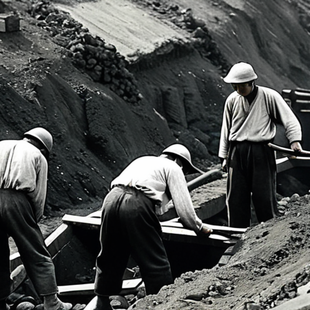 **
"A historical photograph depicting Korean workers in modest, simple clothing laboring in a coal mine during the Japanese colonial era. The scene shows the harsh conditions and difficult work. Fully clothed, appropriate attire, safe for work, professional, black and white photography, realistic, perfect anatomy, natural proportions, historical context."
**