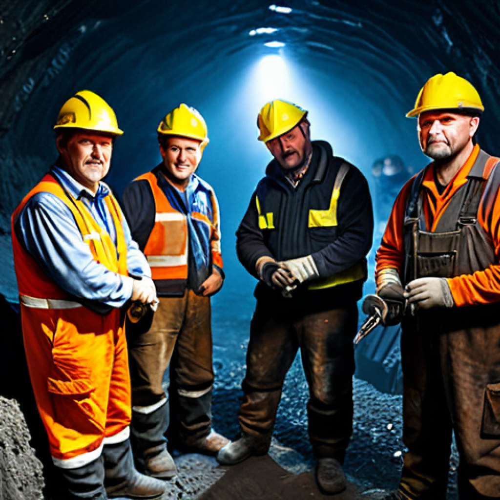 일제 강점기 노동의 성격 변화 - Coal Mine Interior**
"A group of fully clothed coal miners, working deep underground in a dimly lit...