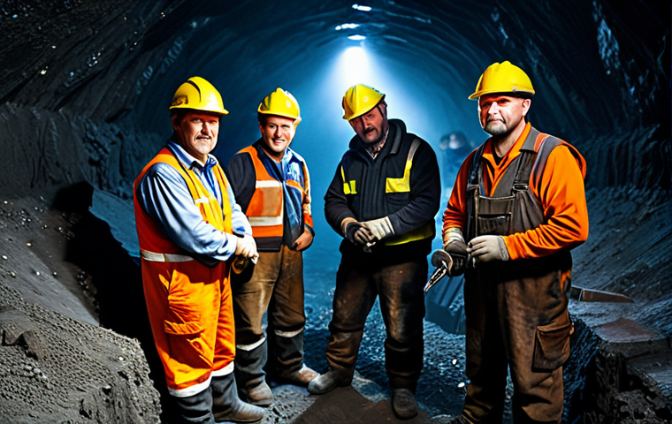 일제 강점기 노동의 성격 변화 - Coal Mine Interior**
"A group of fully clothed coal miners, working deep underground in a dimly lit...