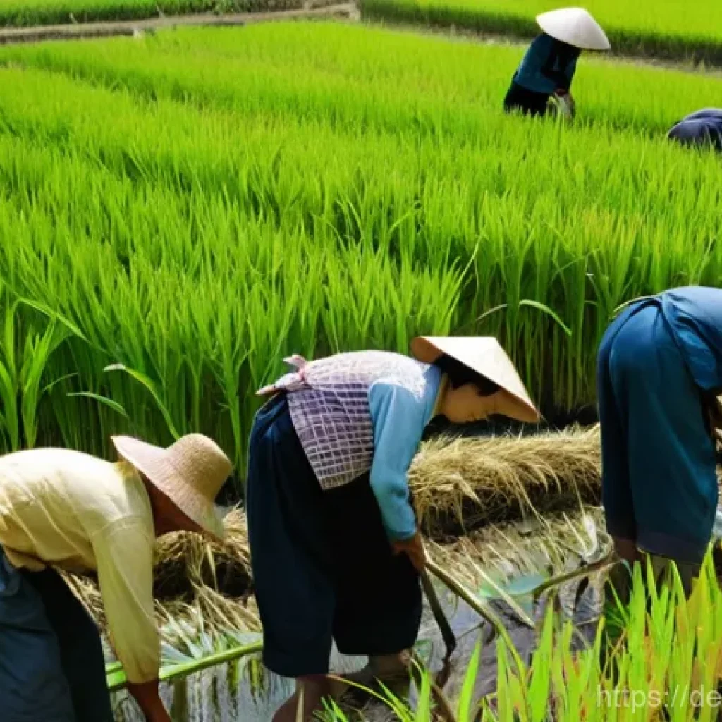 일제 강점기 근로자의 일상 생활 - **Prompt: Resilience in the Rice Fields:**
"A photorealistic, wide-angle shot of a group of Kore...