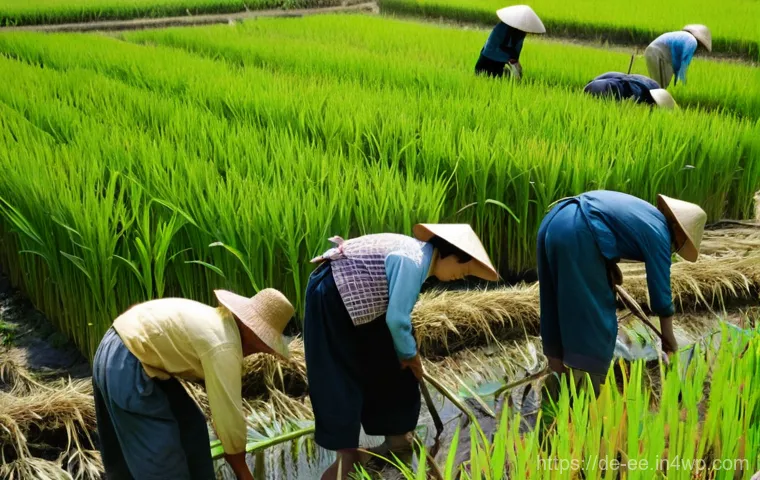 일제 강점기 근로자의 일상 생활 - **Prompt: Resilience in the Rice Fields:**
    "A photorealistic, wide-angle shot of a group of Kore...