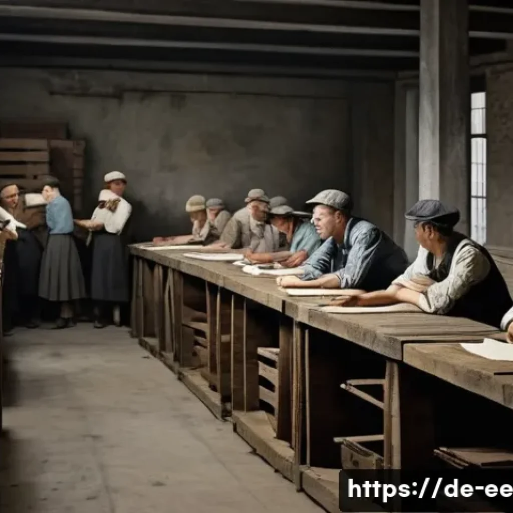 일제하 노동 운동의 성과와 한계 - A secretive underground meeting of German factory workers in the 1930s, gathered in a dimly lit base...