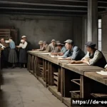일제하 노동 운동의 성과와 한계 - A secretive underground meeting of German factory workers in the 1930s, gathered in a dimly lit base...
