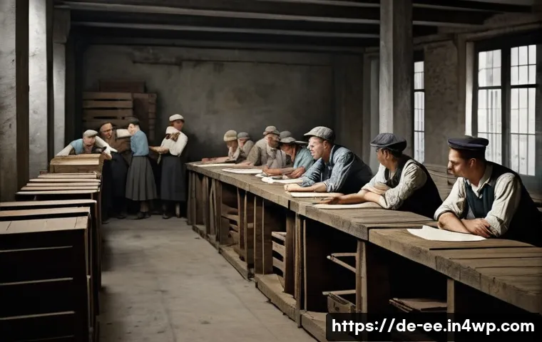 일제하 노동 운동의 성과와 한계 - A secretive underground meeting of German factory workers in the 1930s, gathered in a dimly lit base...