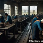 일제 강점기 소외된 노동자의 목소리 - A detailed scene inside a dimly lit colonial-era factory in Europe, showing exhausted workers dresse...