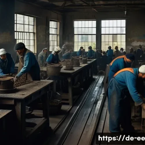 일제 강점기 소외된 노동자의 목소리 - A detailed scene inside a dimly lit colonial-era factory in Europe, showing exhausted workers dresse...