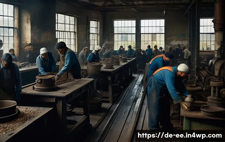 일제 강점기 소외된 노동자의 목소리 - A detailed scene inside a dimly lit colonial-era factory in Europe, showing exhausted workers dresse...