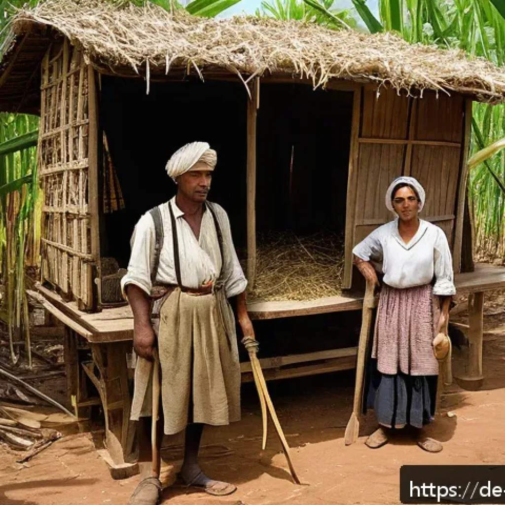 일제하 노동자의 노동 시장 진입 - A detailed historical scene depicting forced laborers in a British colonial sugar plantation in Indi...