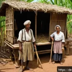 일제하 노동자의 노동 시장 진입 - A detailed historical scene depicting forced laborers in a British colonial sugar plantation in Indi...