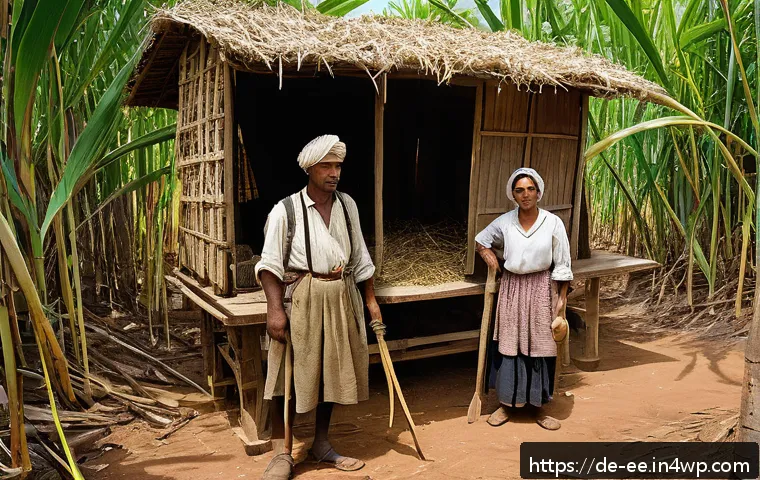 일제하 노동자의 노동 시장 진입 - A detailed historical scene depicting forced laborers in a British colonial sugar plantation in Indi...