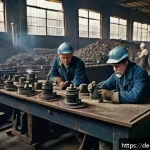 일제 강점기 장시간 근로의 실태 - A detailed industrial factory scene set in early 20th century Europe, showing exhausted factory work...