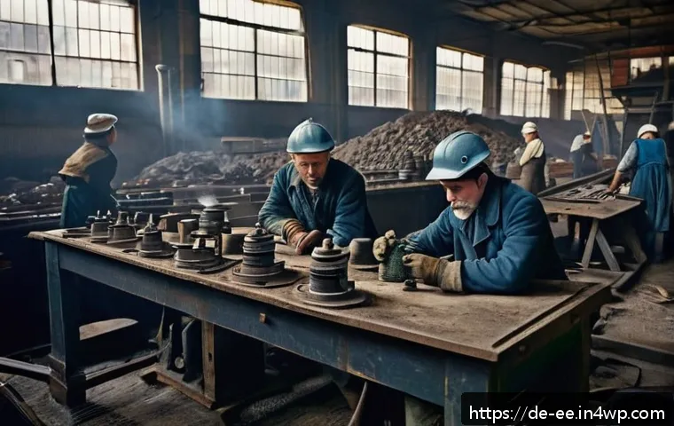 일제 강점기 장시간 근로의 실태 - A detailed industrial factory scene set in early 20th century Europe, showing exhausted factory work...
