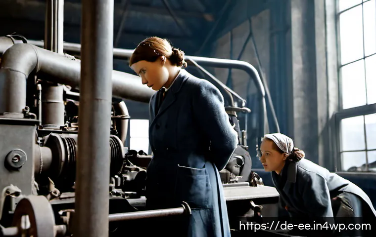 일제 근무와 한국의 정치적 무관심 - Photorealistic historical scene in a 1930s German factory, weary adult workers in modest period clot...