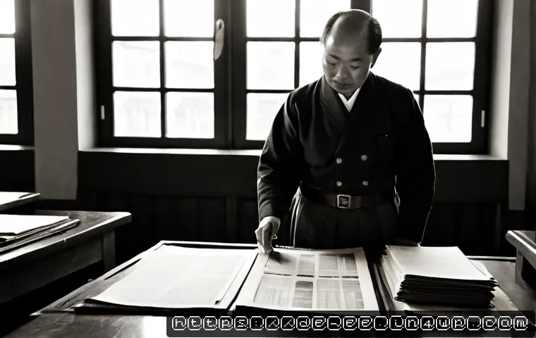 Home 17 일제 근무의 정치적 맥락 - Photorealistic historical editorial scene in a German university archive, a middle-aged historian st...