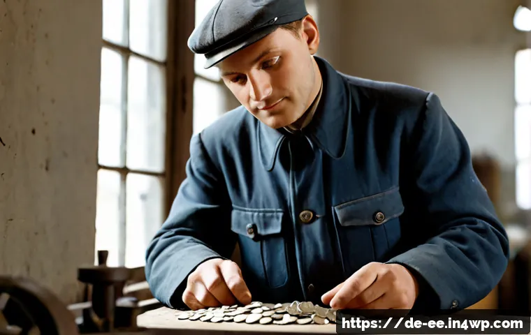 일제 강점기 노동자의 보수와 생활 수준 - Photorealistic historical scene of a 1930s German factory worker receiving a small weekly wage in co...